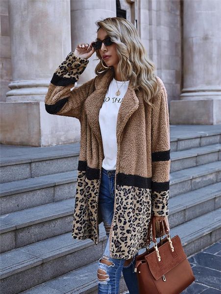 

leopard print panelled street style casual warm women coats loose womens designer thick outerwear autumn winter long sleeve, Black;brown