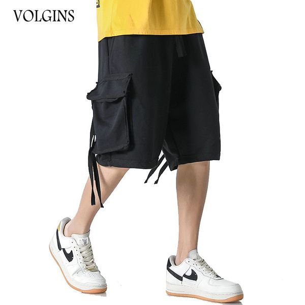 

streetwear men's cargo comfortable drawstring elastic waist casual male knee length multi pocket cotton shorts men