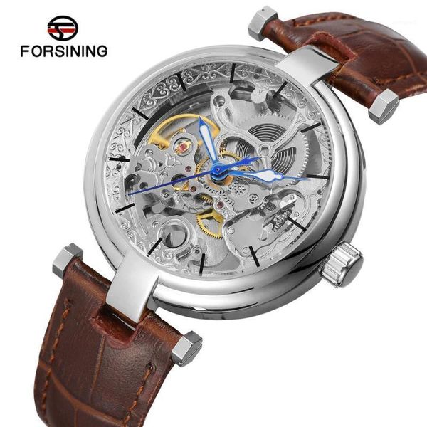 

forsining fashion golden clocks mens transparent automatic self-wind watches genuine leather mechanical watch1, Slivery;brown