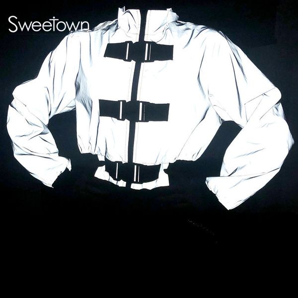 

new silver reflective bomber cropped jacket coats women zipper turtleneck long sleeve streetwear jackets with buckle 201126, Black;brown