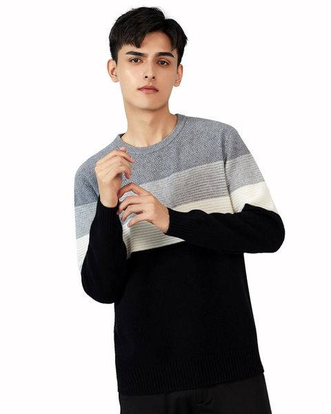 

zhili men's 100% cashmere block striped crewneck pullover sweater, White;black