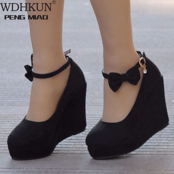 

women high heels shoes fashion buckle wedges ladies platform buckle bowtie pumps for woman plus size wedding shoes c0202, Black
