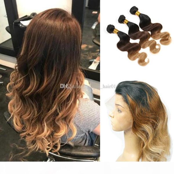 

three tone hair extensions with 360 lace band frontal closure #1b 4 27 honey blonde ombre body wave human hair weave with 360, Black;brown