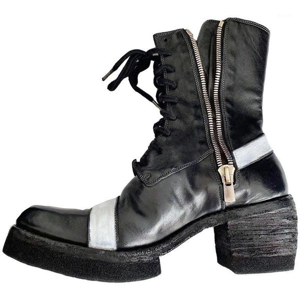 

womens round toe ankle boots genuine leather cowboy lace up block high heel punk dark shoes gothic match colors black new 20211