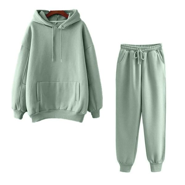 

new hoodie 2pcs set women autumn solid oversized sweatshirt set casual long sleeve fleece long pants tracksuit suit outfits, Gray