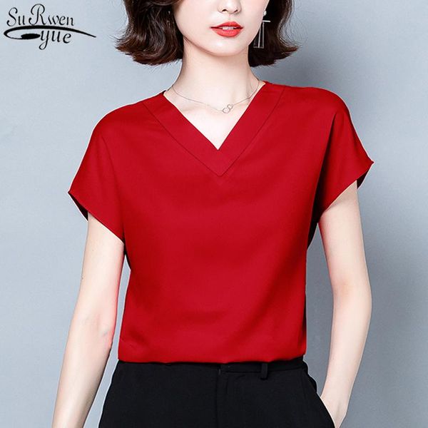 

2021 summer office lady solid v-neck blouse women short sleeve casual silk satin shirt plus size -4xl loose clothes 10297, White