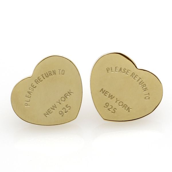 

316l titanium steel heart earrings 14mm titanium heart ear stud with authentic 18k gold plated rose gold silver earring gift pouches, Golden;silver