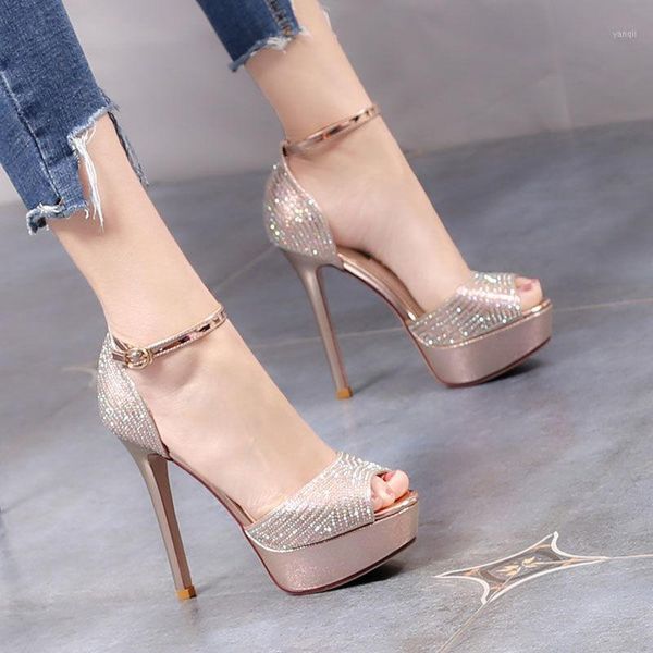 

sandals 2021 female all-match word buckle rhinestone high heels 12cm fish mouth waterproof platform women's shoes1, Black