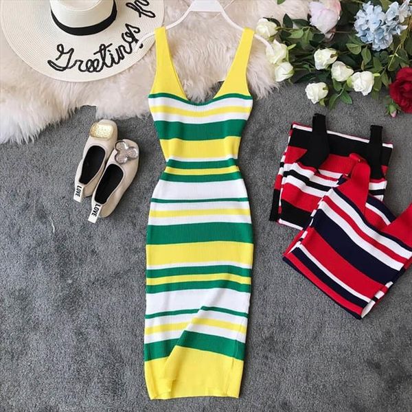 

colour striped cotton knitted v neck trim skinny new summer dress women sleeveless package hip vestidos, Black;gray