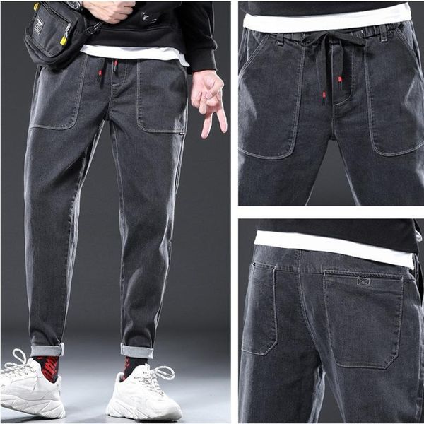 

men jeans lace leisure trend slim fit feet harlan pants sports overalls trousers male pants1, Blue