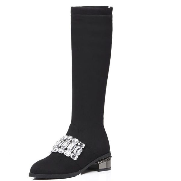 

crystal women boots over knee round toe women's rubber shoes rain booties ladies zipper rhinestone over-the-knee med large size, Black