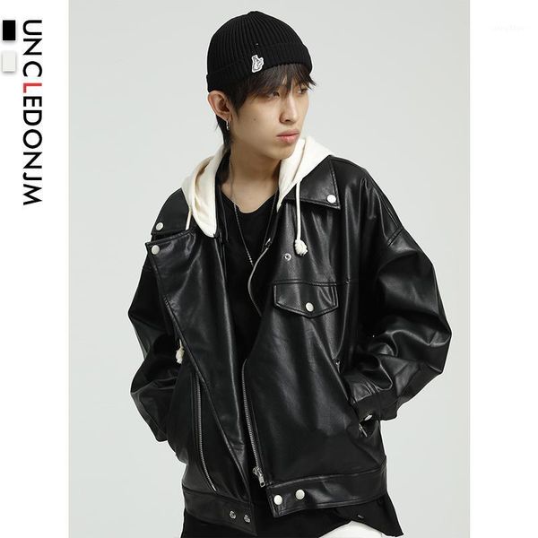 

uncledonjm men's leather jacket casual motorcycle hooded pu leather jacket 2019 men clothing cf0531, Black