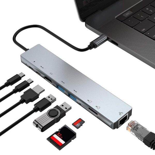 

usb docking station 8 in 1 type-c to 4k hdmi rj45 docking station usb 3.0 tf pd charger hub adapter fast charger dock