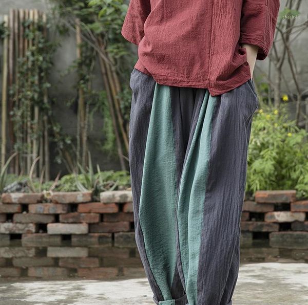 

new patchwork cotton linen elastic waist women harem pants loose casual vintage long pants women original design harem trousers1, Black;white