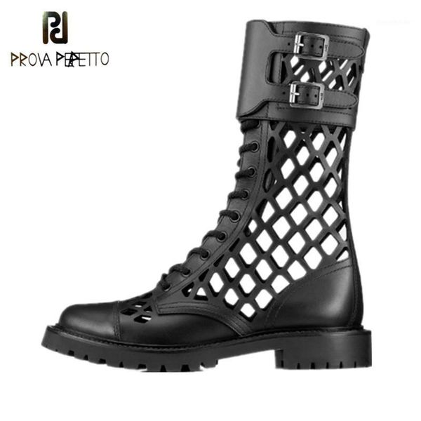 

boots prova perfetto summer hollowing out ankle women leather runway shoes woman cross lace up low heel zapatos de mujer1, Black