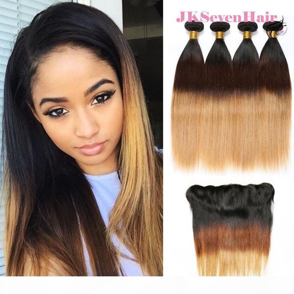 

ombre dark rooted brown blonde straight malaysian virgin hair bundles 4pcs with 13x4inch lace frontal 1b 4 27 indian brazilain hair bundles, Black