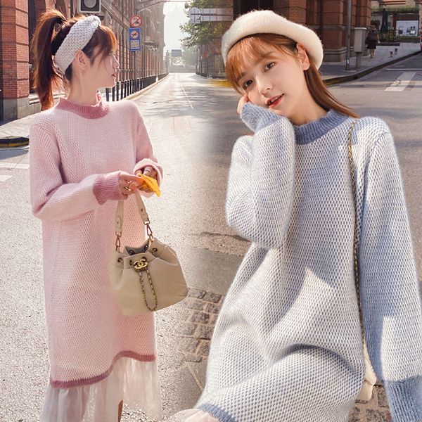 

and winter pregnant women's thickened woolen stitched sweater drs, White