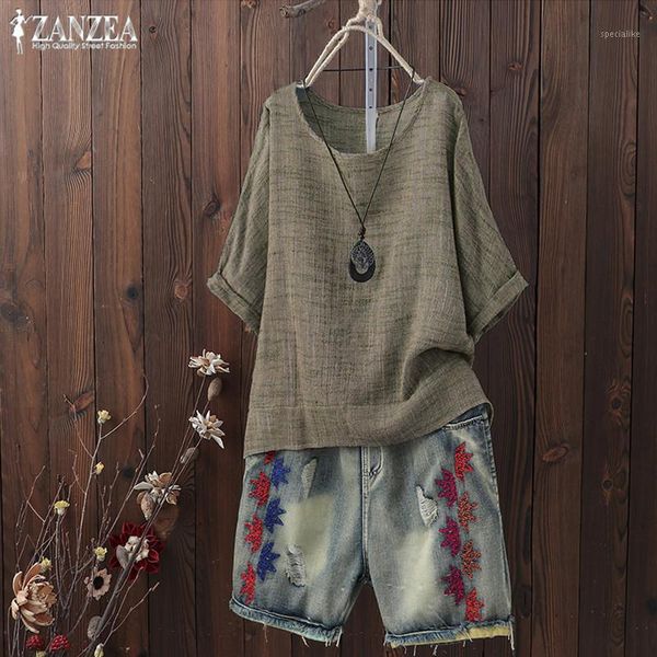 

2019 zanzea women blouse vintage summer casual 3/4 sleeve tees shirts chemise female o neck kaftan blusas oversized 5xl1, White