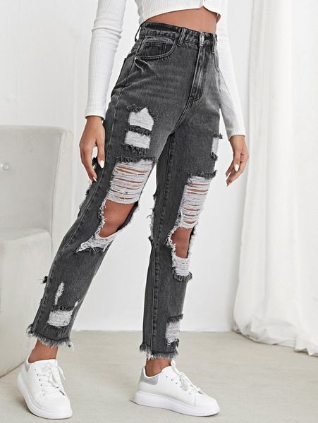 

high waisted ripped raw hem jeans l8fy#, Blue