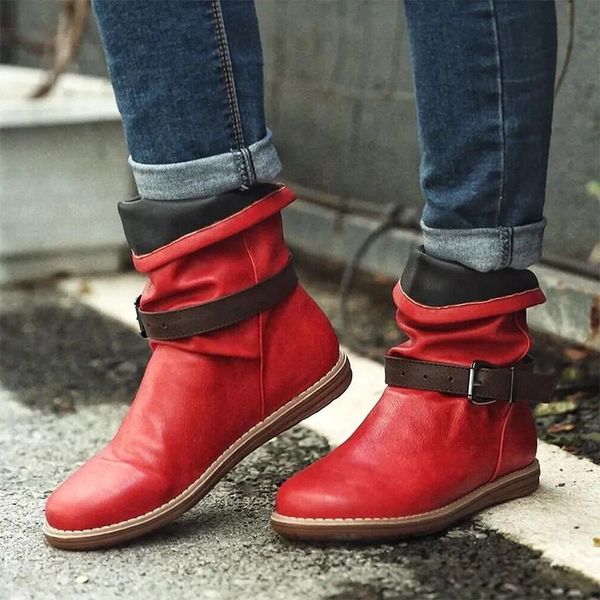 

women leather ankle boots woman turned-over edge short boots women's buckle slip on shoes ladies round toe footwear plus size, Black