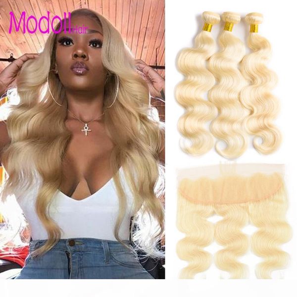 

613 связки с кружевом фронтальная бразильский body wave 3 пачки с закрытием modoll платина honey blonde remy человеческих волос bundle, Black;brown