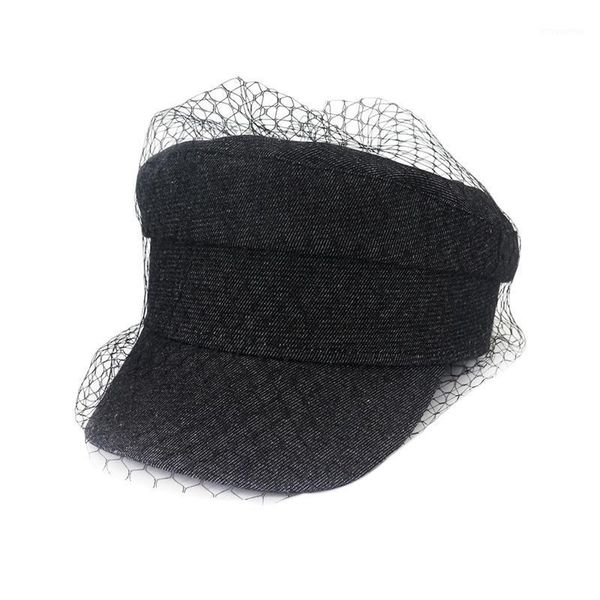 

fashion mesh lace denim flat painter hat girl street style beret female accessories black1, Blue;gray