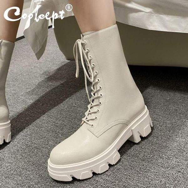 

coolcept real leather women short boots fashion platform cross strap high heel winter shoes woman casual footwear size 34-39, Black