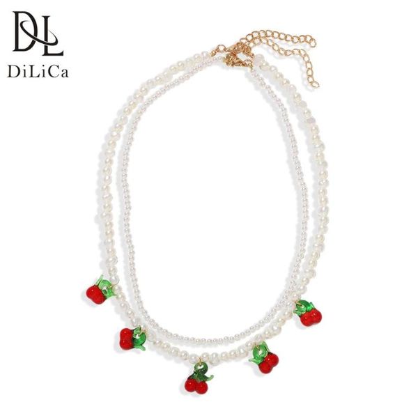 

dilica elegant imitation pearl necklace choker cute cherry statement necklace lady girl's cute necklaces layered jewelry, Golden;silver