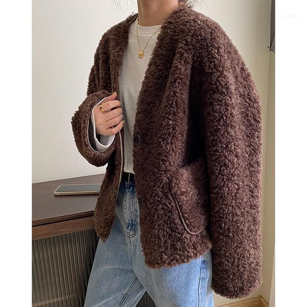 

korean sheep shearing coat women's short v-neck small fragrance karaoke wool fur integrated fur coat a116811, Black