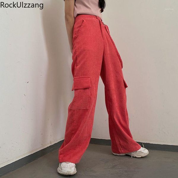 

korean pink corduroy casual pant straight jogger wide leg long loose trouser high waist shoulder strap cargo pocket streetwear1, Black;white