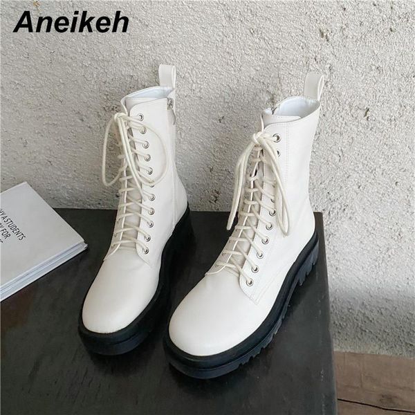 

aneikeh new spring boots women shoes ankle riding equestrian pu cross-tied square heel lace-up round toe white brown size 35-39, Black
