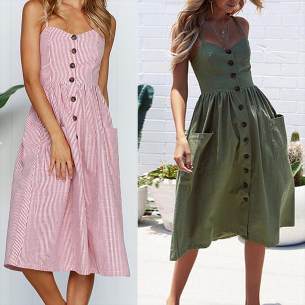 

fashion women dress 2019 boho dress midi button backless polka dot striped floral beach sundress casual vintage, Black;gray