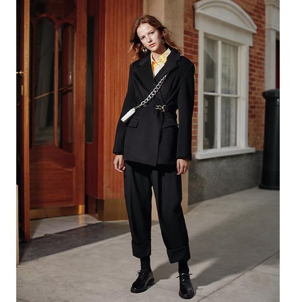 

women's suits & blazers ael black woolen blazer women jacket notched collar female wrap coat fashion 2021 autumn winter, White;black