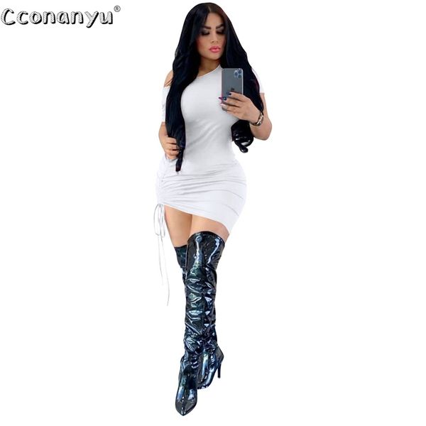 

summer short sleeve women one shoulder drawstring ruched bodycon dress woman mini bandage party night club dresses t200604, Black;gray