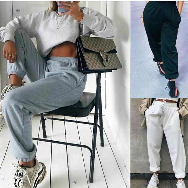 

2020 новый сплошной цвет высокая талия женщины харлема брюки повседневная свободные домашние брюки женщина улица розовые белые черные спальн, Black;white