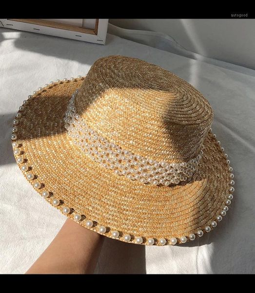 

stingy brim hats 202105-hexin summer handmade raffia straw pearl weaving ribbon lady fedoras cap women leisure panama jazz hat1, Blue;gray