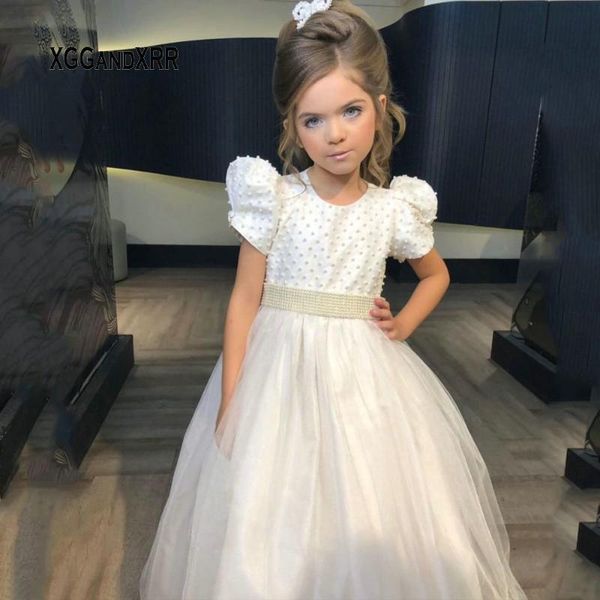 

girl's dresses elegant cap sleeves ivory long flower girl beaded pearls bow little pageant dress wedding party gown, Red;yellow