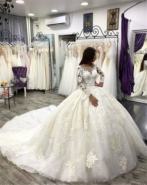 

2021 luxury lace ball gown wedding dresses sheer long sleeves princess illusion lace applique bridal gowns plus size robe de mariage, White