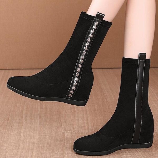 

boots women's genuine leather flock patchwork slip-on wedge high heel autumn ankle round toe casual short booties shoes women, Black