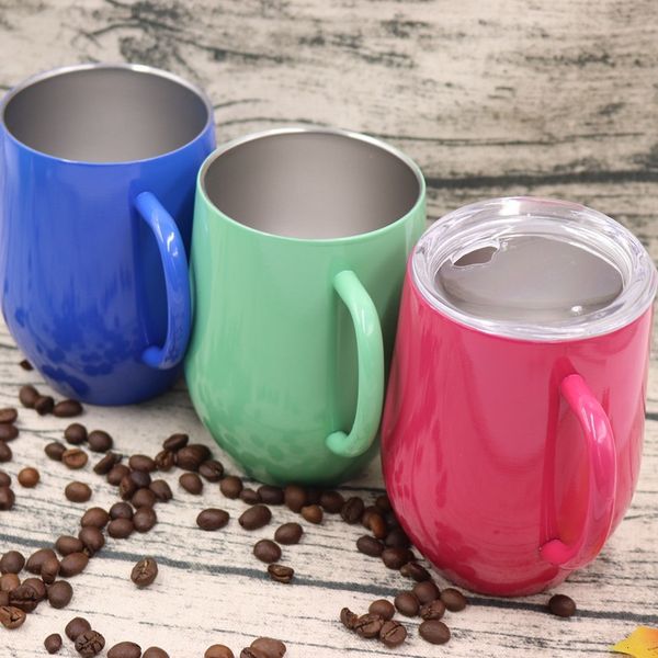 

stainless steel cup powder coated egg shaped wine glass travel beer coffee mugs with handle gifts 12oz wx9-363