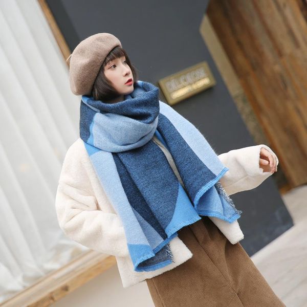 

blue color matching student cashmere thick warmth super scarf for autumn winter women's big shawl dual-use shawls and wraps, Blue;gray
