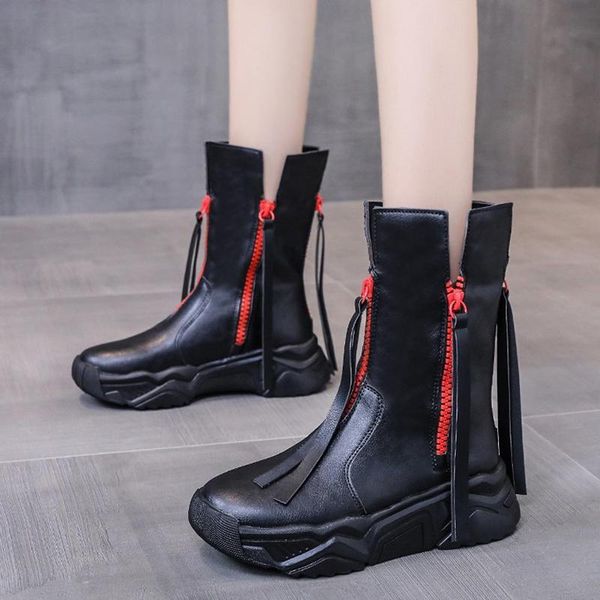 

boots 2021 high street style zipper ankle for women mix color platform pu leather motorcycle female autumn winter shoes, Black