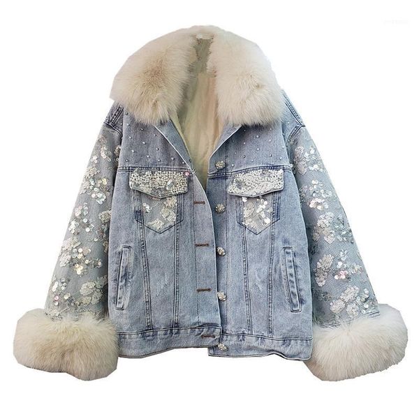 

sequins patchwork denim jacket with fur collar cotton coat lapel long sleeve single breasted warm thick winter women coats1, Black