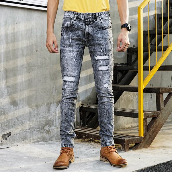 

2021 new fashion streetwear retro gray slim fit elastic ripped men destroyed punk pants hip hop jeans homme nps9, Blue