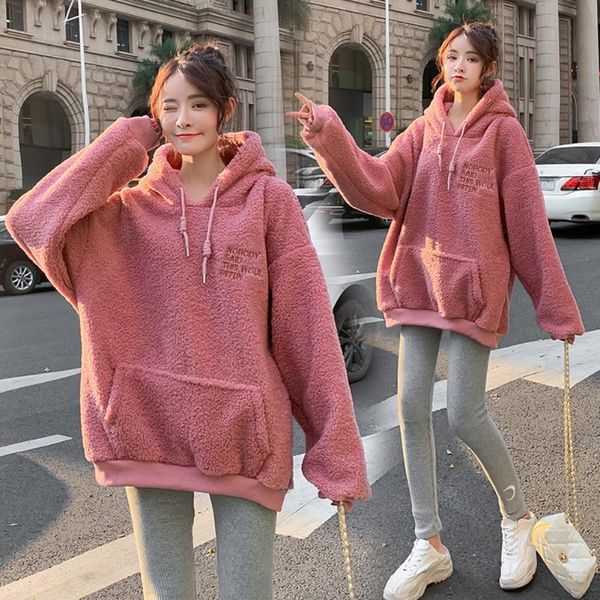 

women winter plus velvet thickening lamb soild letter embroidery autumn harajuku loose pocket hoodie pullover sweatshirts, Black