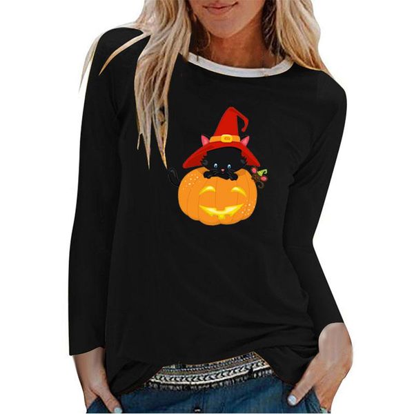 

cat mouse pumpkin print halloween long sleeve t-shirts women autumn winter woman tshirts cotton white o neck clothing feminist