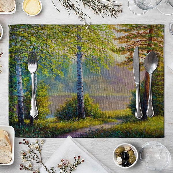 

forest tree placemat cup snow scene tree river printing dining table cup coaster navidad decorations for home h wmtfgd