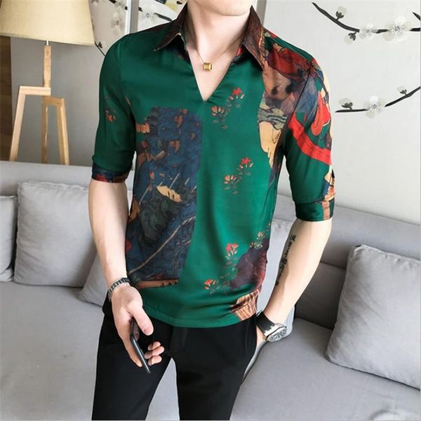 

male half sleeve summer designer club shirt camisa masculina chemise v-collar chinese style shirt male slim fit fashion clothes1, White;black