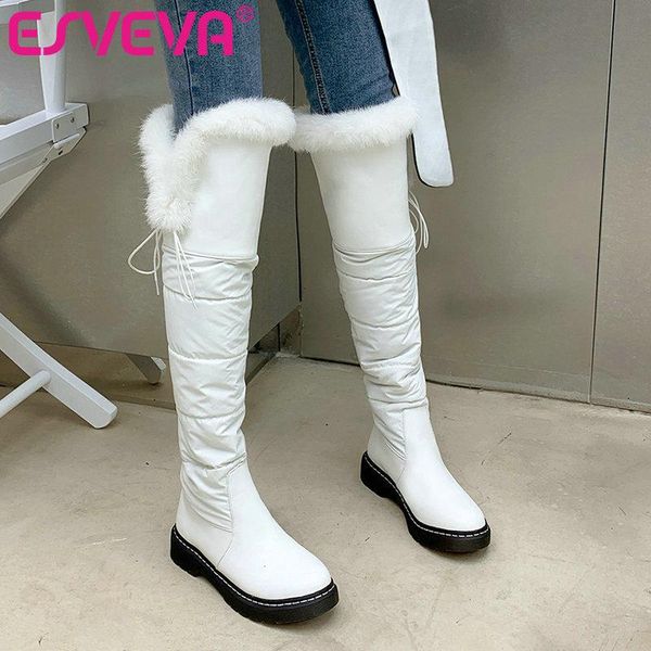 

boots esveva 2021 keep warm snow square low heel pu leather knee high women shoes round toe size 34-43, Black
