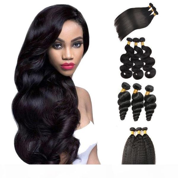 

cuticle aligned straight body wave loose wave kinky straight virgin remy human hair 3 or 4 bundles brazilian human hair extensions, Black